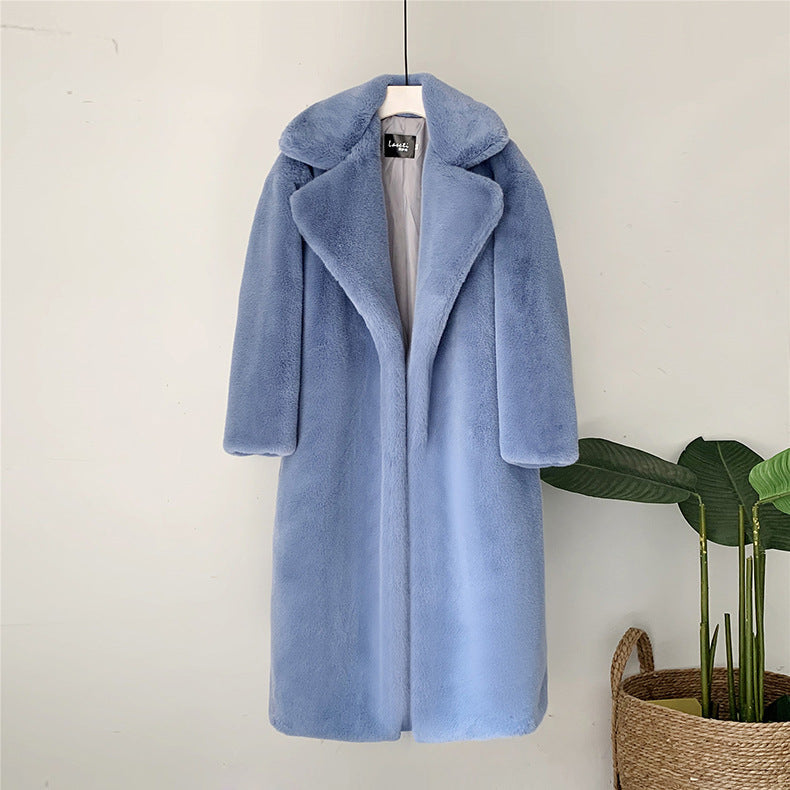 Manteau long en fausse fourrure de haute qualité – Longueur genou, silhouette droite, ultra doux et chaud