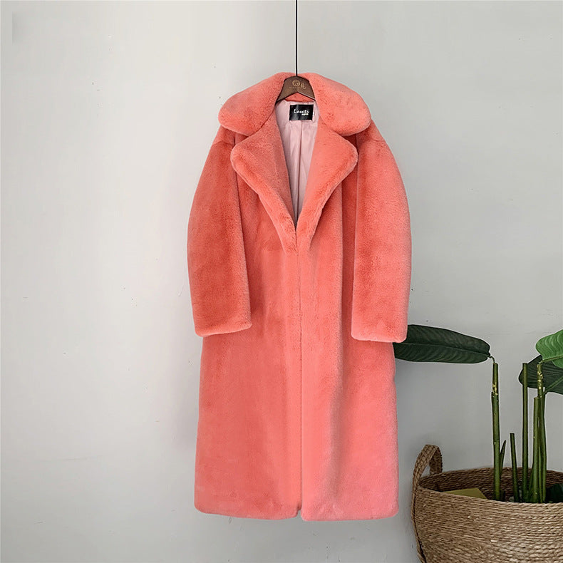 Manteau long en fausse fourrure de haute qualité – Longueur genou, silhouette droite, ultra doux et chaud