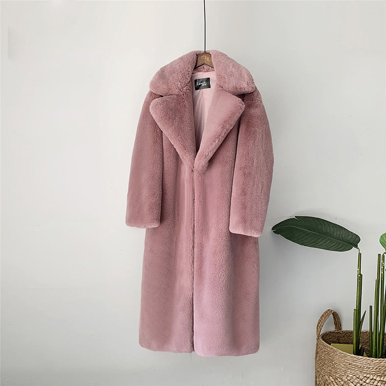Manteau long en fausse fourrure de haute qualité – Longueur genou, silhouette droite, ultra doux et chaud