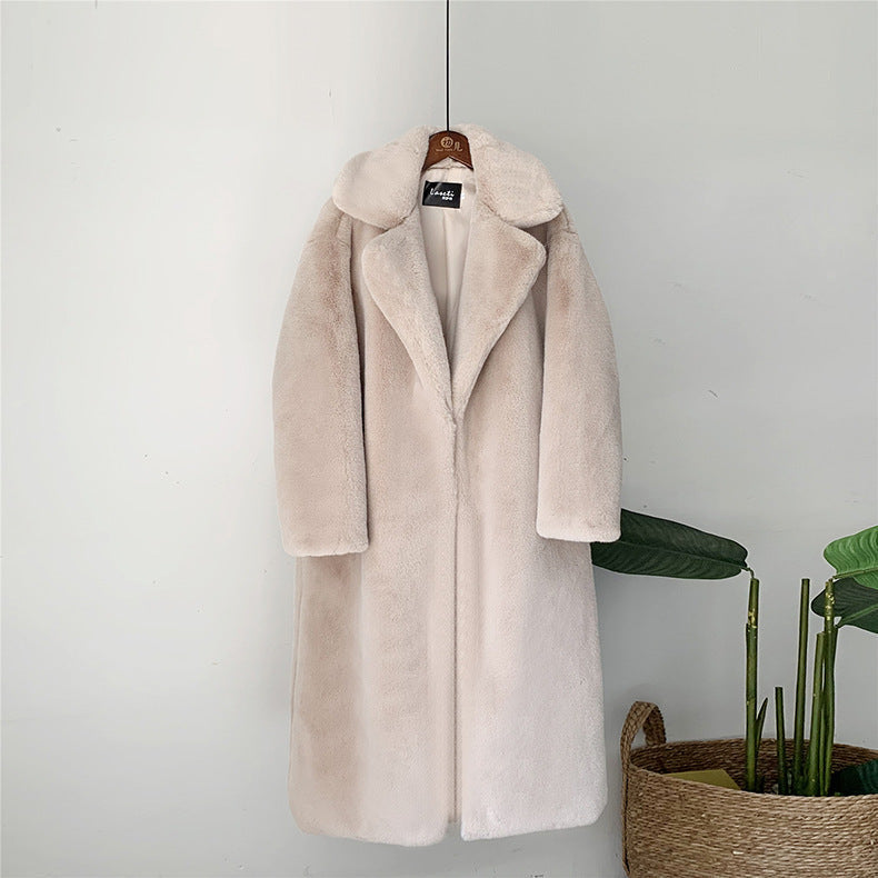 Manteau long en fausse fourrure de haute qualité – Longueur genou, silhouette droite, ultra doux et chaud