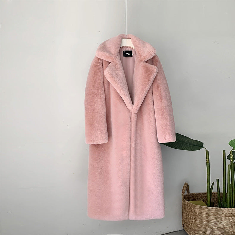 Manteau long en fausse fourrure de haute qualité – Longueur genou, silhouette droite, ultra doux et chaud
