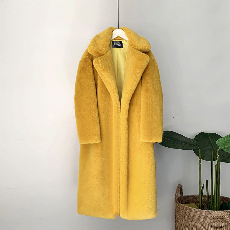 Manteau long en fausse fourrure de haute qualité – Longueur genou, silhouette droite, ultra doux et chaud
