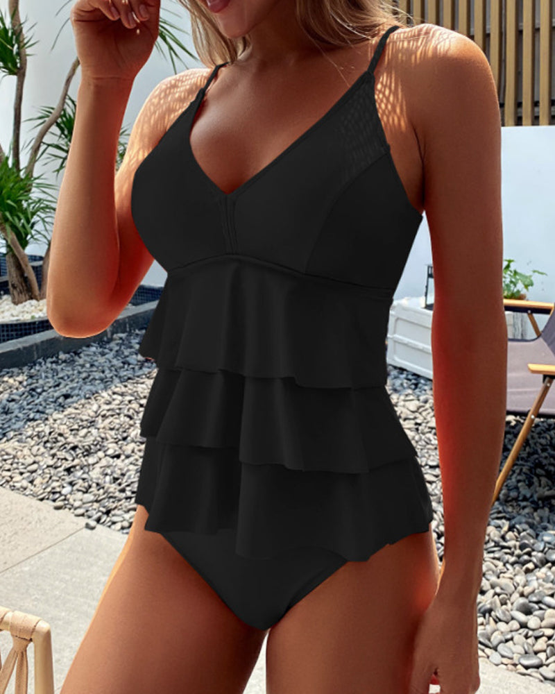 Tankini avec Volants en Couleur Unie
