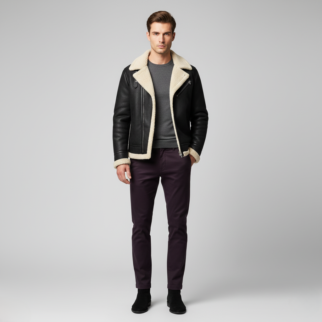 Veste Motard à Col Fausse Fourrure pour Homme