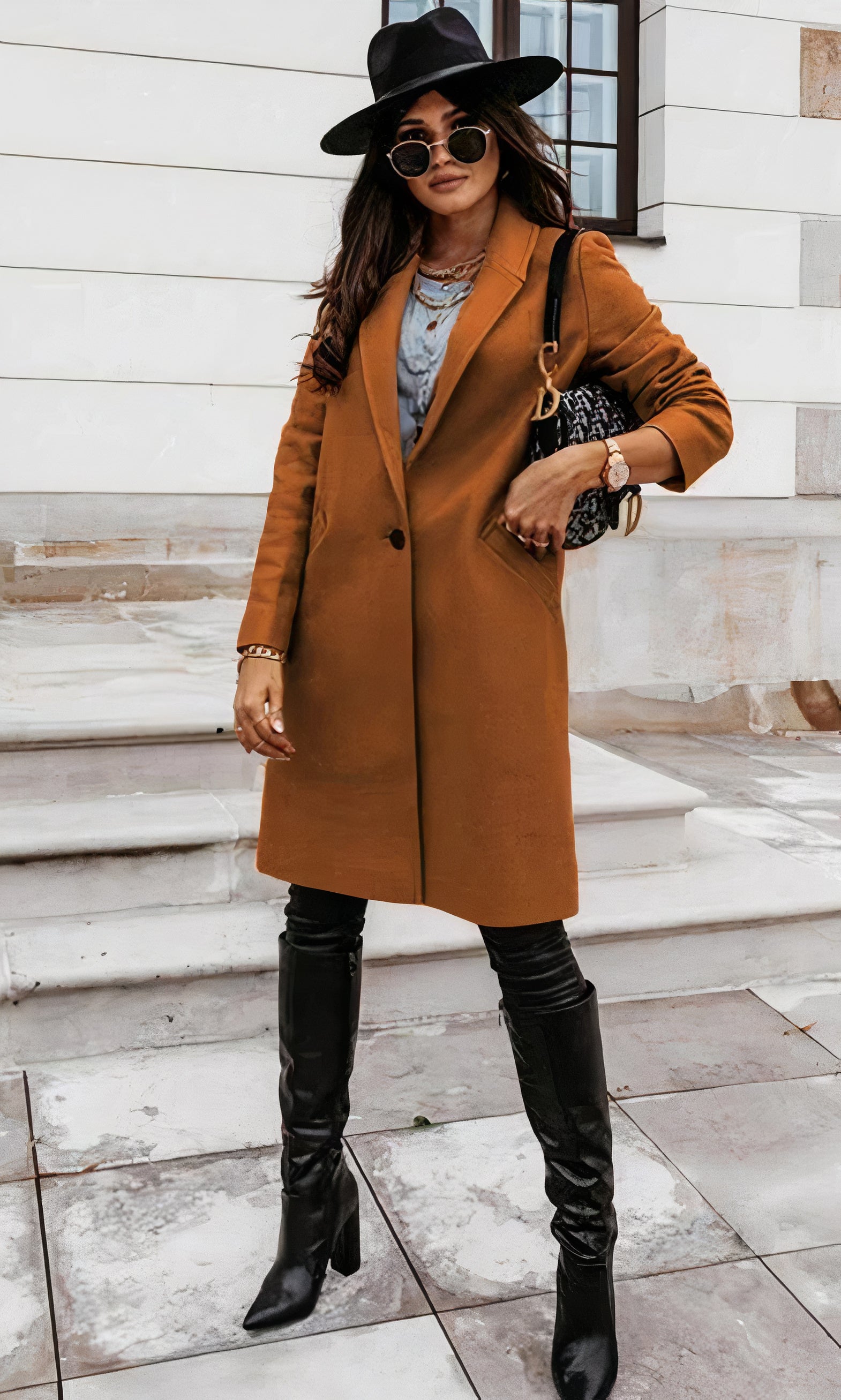 Manteau d'hiver long pour femmes, coupe cintrée, col classique, patte de boutonnage