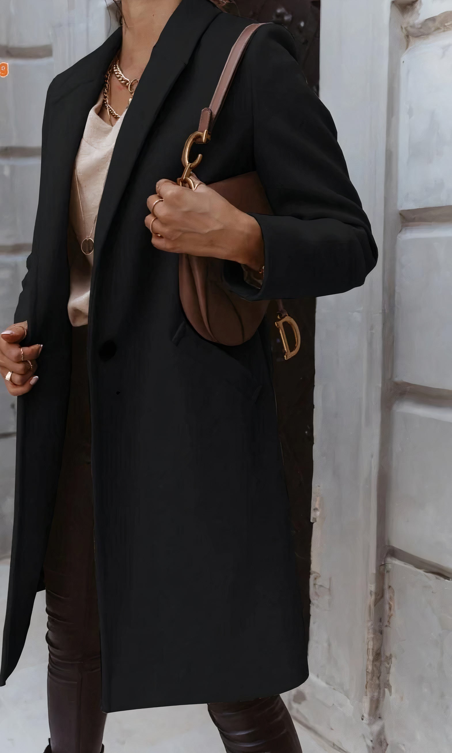 Manteau d'hiver long pour femmes, coupe cintrée, col classique, patte de boutonnage