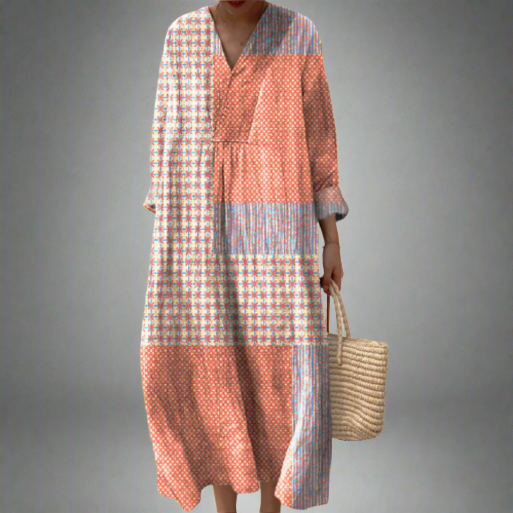 Nora™ | Robe midi patchwork avec motifs corail et étoiles