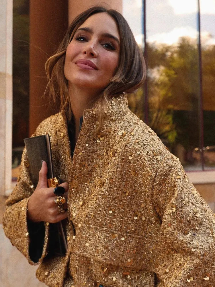 Veste bomber pailletée estivale avec taille élastique et bords côtelés | Parfaite pour les occasions spéciales