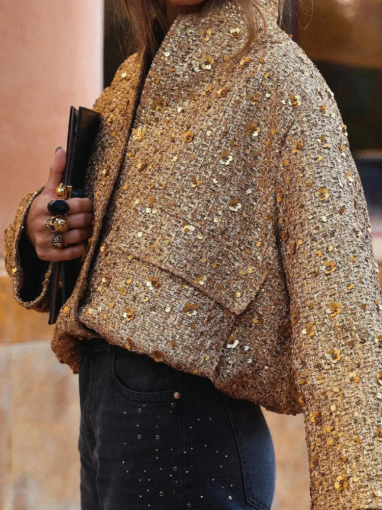 Veste bomber pailletée estivale avec taille élastique et bords côtelés | Parfaite pour les occasions spéciales