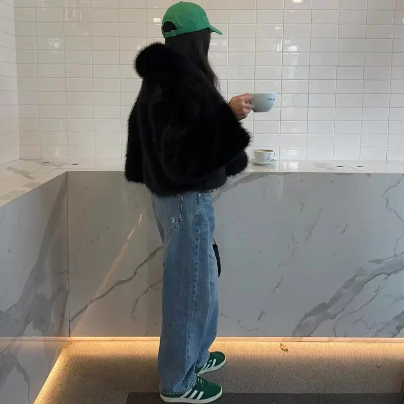 Manteau d'hiver en peluche synthétique pour femmes avec capuche et poches | Idéal pour l'automne/hiver