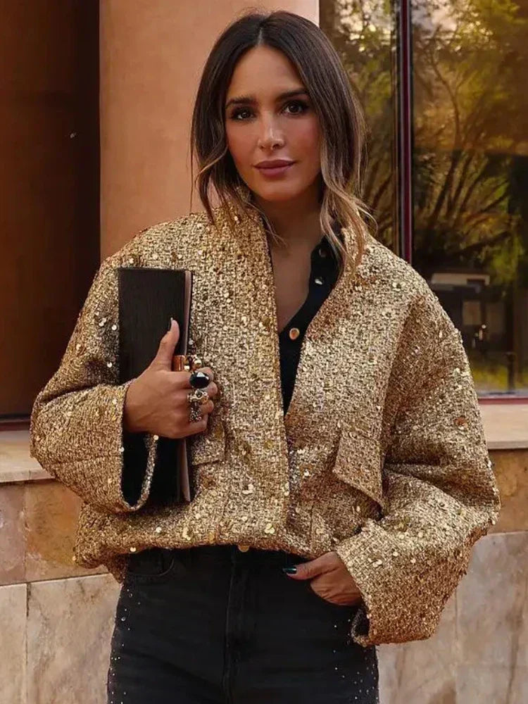 Veste bomber pailletée estivale avec taille élastique et bords côtelés | Parfaite pour les occasions spéciales